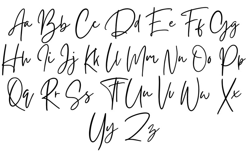 K&ouml;nnte beinhalten: Ein handgeschriebenes Alphabet in einer kursiven Schriftart. Die Buchstaben sind in schwarzer Tinte auf wei&szlig;em Hintergrund geschrieben.