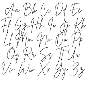 May include: A black and white graphic featuring the complete English alphabet in both uppercase and lowercase letters. The characters are written in a flowing, cursive script style, arranged in five rows against a plain white background.