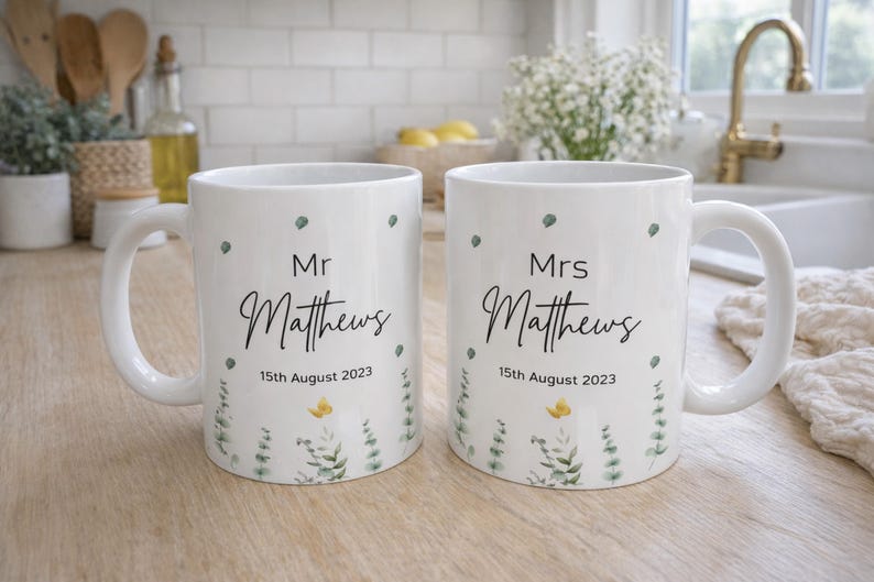 Bride And Groom Mugs, Personalised Mr and Mrs Mug Mugs, Couple Gifts, Anniversary Gift, Wedding Gift For Friends, Eucalyptus Wedding Ideas zdjęcie 1