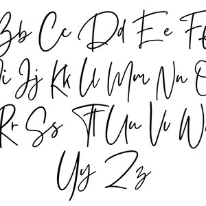May include: A black script font alphabet display featuring both uppercase and lowercase letters from A to Z. The characters are presented in a flowing, handwritten style with consistent line thickness, arranged in three rows against a plain background.