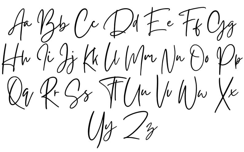 May include: A black script font alphabet display featuring both uppercase and lowercase letters from A to Z. The characters are presented in a flowing, handwritten style with consistent line thickness, arranged in three rows against a plain background.