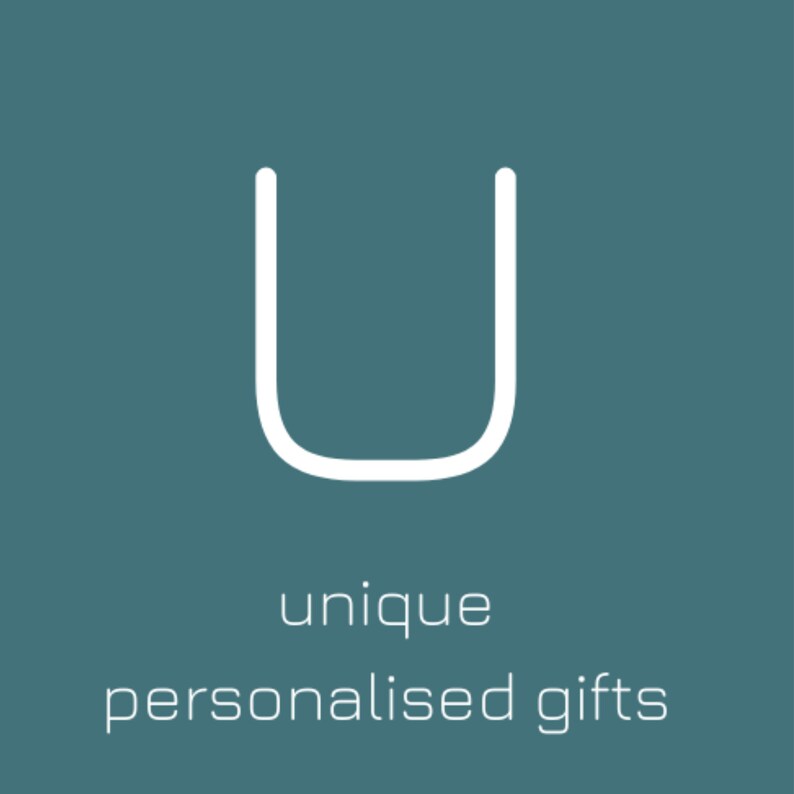 May include: A white letter U on a teal background with the text "unique personalised gifts" below it.