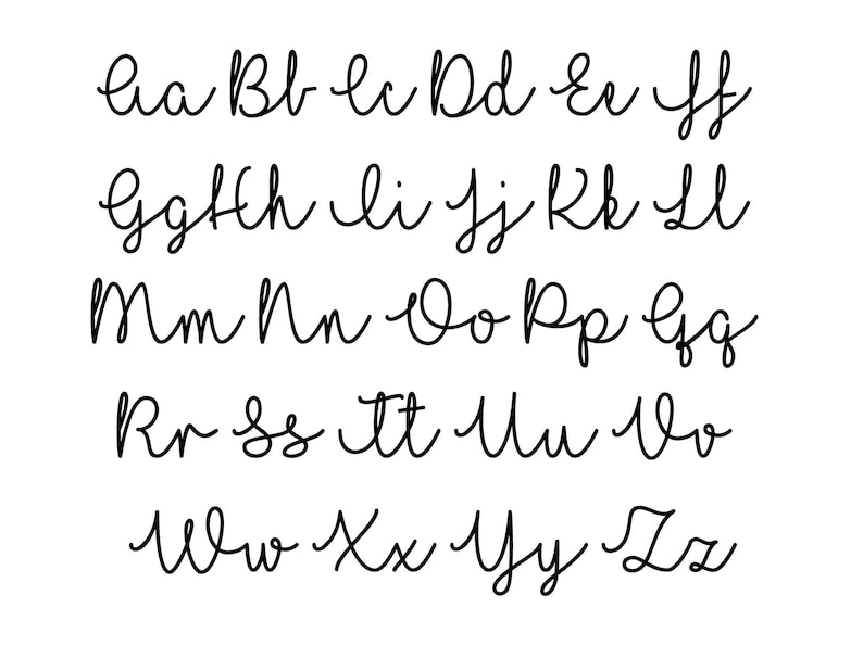 K&ouml;nnte beinhalten: Ein handgeschriebenes Alphabet in Kursivschrift, wobei jeder Buchstabe des Alphabets in Kleinbuchstaben angezeigt wird.