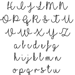 May include: A handwritten alphabet in a cursive font. The letters are written in black ink on a white background.