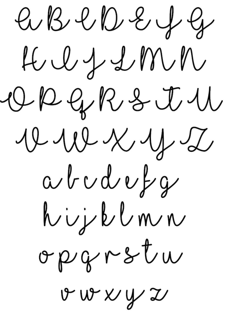 May include: A handwritten alphabet in a cursive font. The letters are written in black ink on a white background.