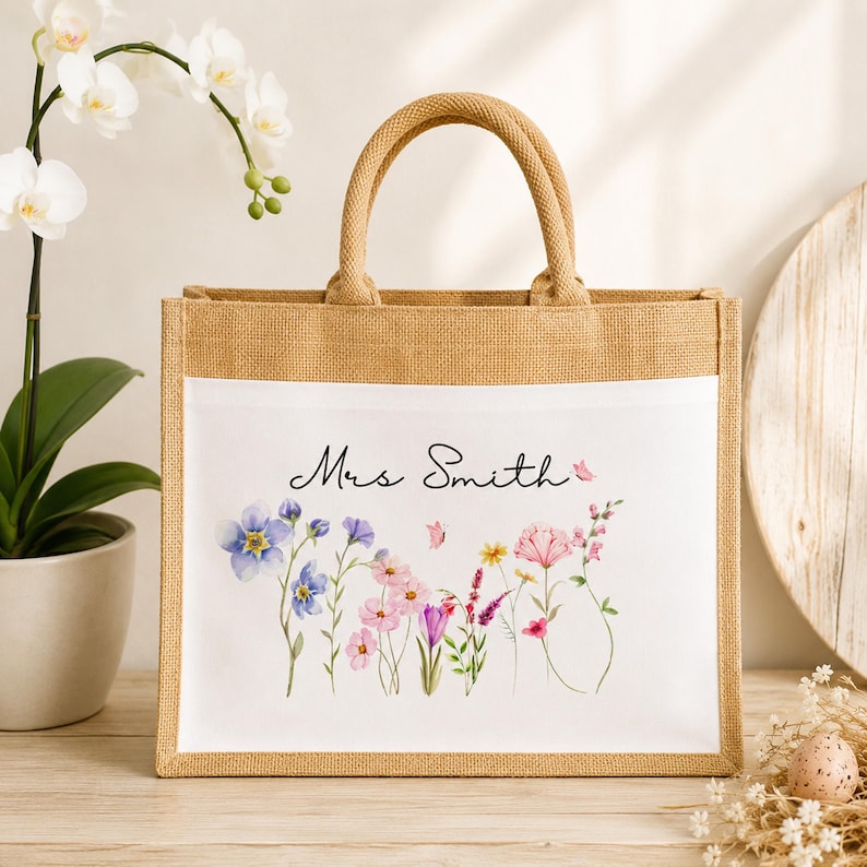 May include: A rectangular jute tote bag with two sturdy handles and a white front panel. The panel features a watercolor illustration of various wildflowers in shades of pink, purple, and blue, with the black cursive text Mrs Smith printed above.