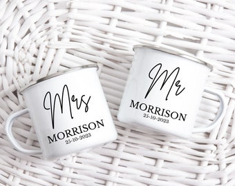 Mr And Mrs Mug Set, Personalised Wedding Gift, Couple Mugs, Tin Anniversary, Enamel Camping Mugs, Gift For Couples, 10 Year Anniversary Gift