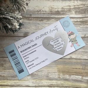 Invitación a Laponia, revelación personalizada de Laponia, revelación sorpresa de vacaciones, invitación a Laponia, tarjeta de embarque sorpresa, rasca y gana de Navidad