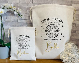 Personalised Santa Sack, Christmas Sack, Personalised Christmas Gift Bag, Special Delivery From North Pole, Large and Small Xmas Eve Present