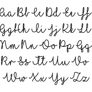 May include: A white background displays the lowercase and uppercase letters of the alphabet in a cursive font. The letters are written in a thin, black line, showcasing a delicate and elegant style. The letters are arranged in rows.