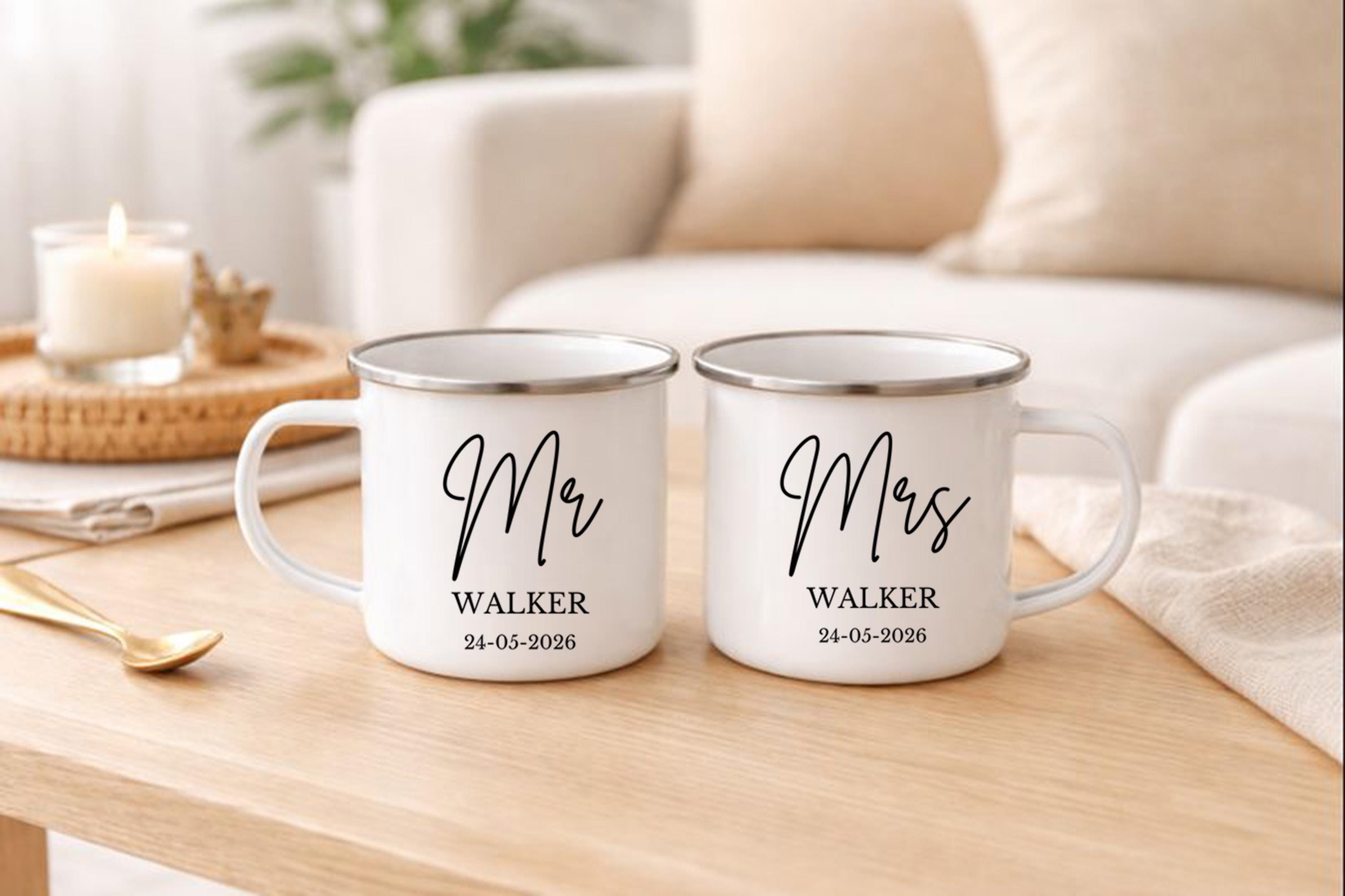 Mr and Mrs Mug Set, Personalised Wedding Gift, Couple Mugs, Tin Anniversary, Enamel Camping Mugs, Gift for Couples, 10 Year Anniversary Gift