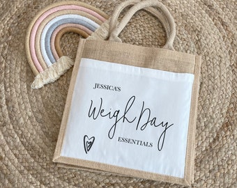 Weigh Day Essentials Bag, Personalised Small Jute Bag, Jute Tote Bag With Pocket, Slimming Essentials, Weight Loss Bag, Food Diary Tote Bag