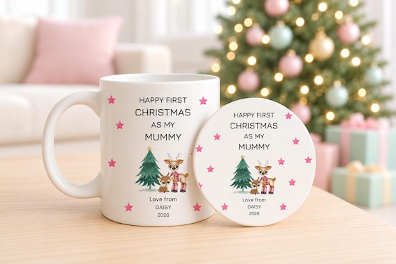 First Christmas Mug And Coaster Set - Personalised First Christmas Baby - New Nanny Gift - New Mummy Gift - Grandparent Christmas Gift