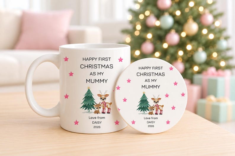 May include: A white ceramic mug and a matching round coaster, both featuring pink stars, a green Christmas tree, and two reindeer illustrations. The text reads: HAPPY FIRST CHRISTMAS AS MY MUMMY, Love from DAISY, 2026.