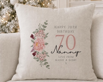 Personalised 70th Birthday Cushion, 70th Birthday Gift for Women, Floral Name Cushion for Mum, Nanny, Grandma or Nan, Keepsake Gift