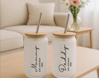 Personalised New Parents Gift - Iced Coffee Glass with Straw - Daddy and Mummy Mugs
