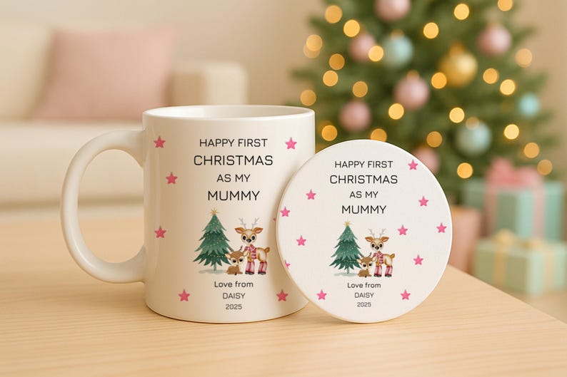 May include: A white ceramic mug and a matching round coaster, both featuring a graphic of a green Christmas tree and two deer. The text reads: HAPPY FIRST CHRISTMAS AS MY MUMMY, Love from DAISY, 2025. Pink stars are scattered across the white surface.