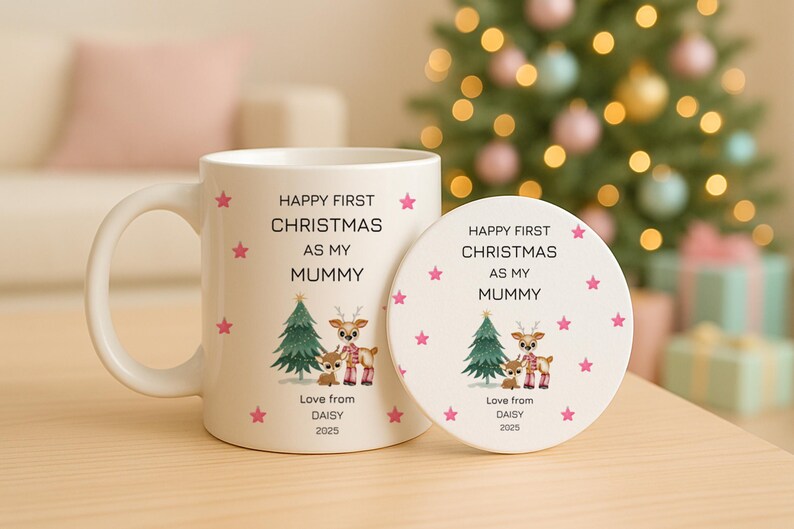 May include: A white ceramic mug and a matching round coaster, both featuring a graphic of a green Christmas tree and two deer. The text reads: HAPPY FIRST CHRISTMAS AS MY MUMMY, Love from DAISY, 2025. Pink stars are scattered across the white surface.