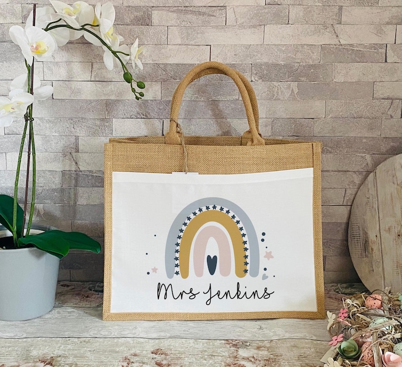 Personalised Teacher Bag, Teacher Gifts, Nursery Teacher Gift, Large Jute Bag, Thank You Gifts, TA Gift, School Leaver Gift, Graduation Gift Front Pocket