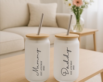 Personalised New Mummy Gift, Iced Coffee Glass with Straw, Mum To Be Present, New Parents Gift, Baby Shower Gift, Congratulations Keepsake