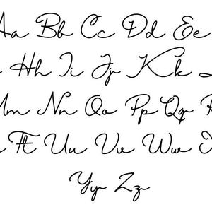 May include: A black and white graphic featuring the complete English alphabet in both uppercase and lowercase letters. Each letter is presented in a flowing, cursive script font, arranged in rows against a plain white background for clarity.