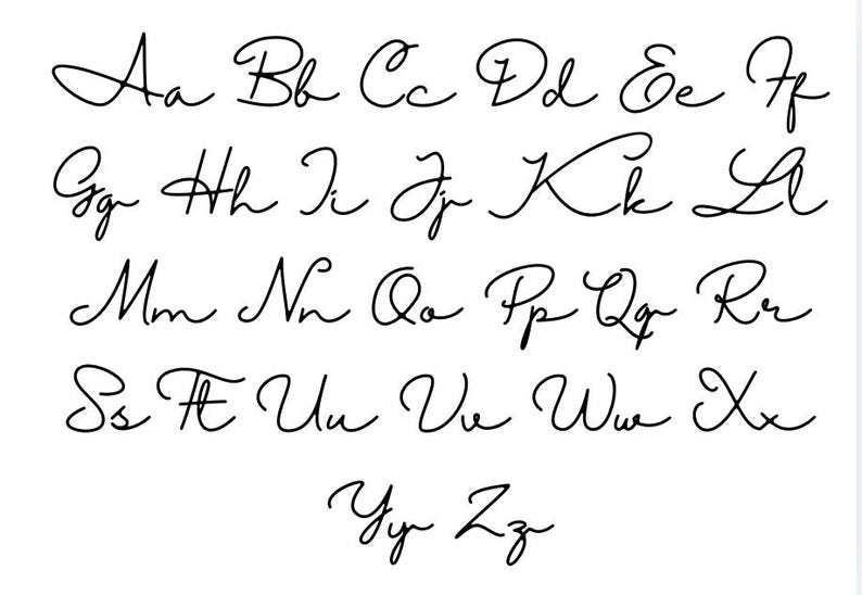 May include: A black and white graphic featuring the complete English alphabet in both uppercase and lowercase letters. Each letter is presented in a flowing, cursive script font, arranged in rows against a plain white background for clarity.