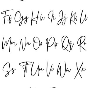 May include: A handwritten alphabet in a cursive font. The letters are written in black ink on a white background.