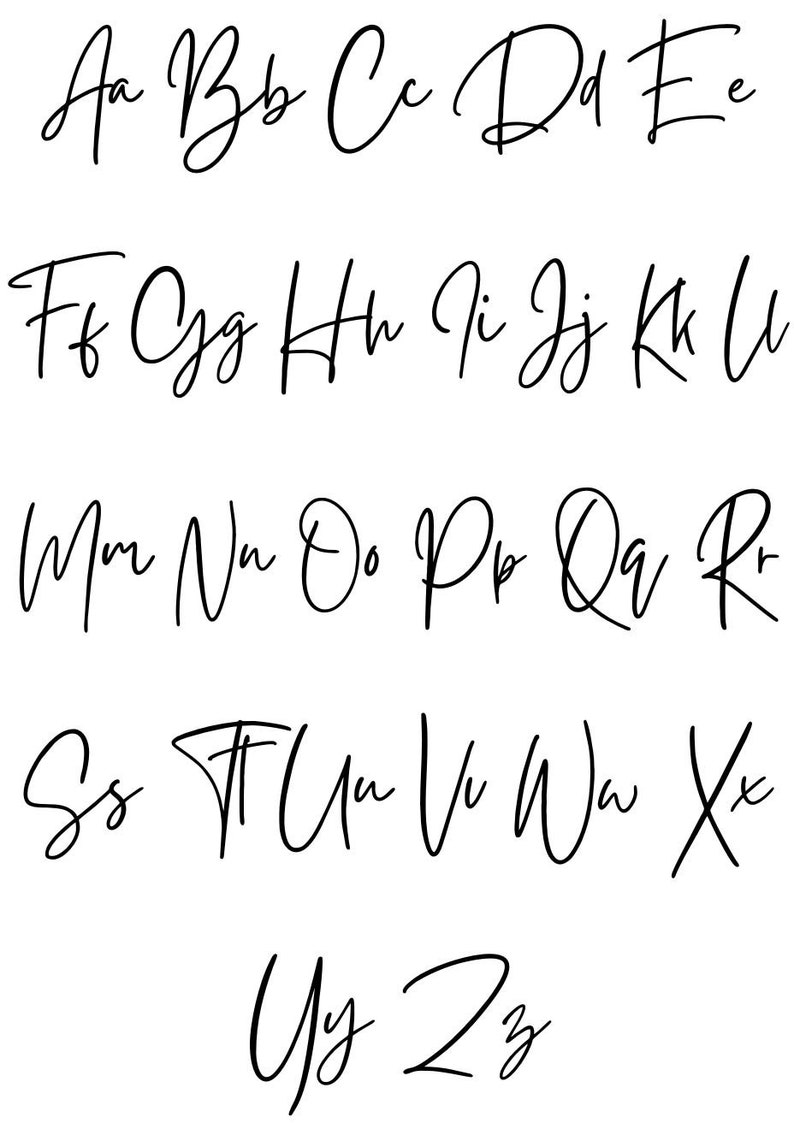 May include: A handwritten alphabet in a cursive font. The letters are written in black ink on a white background.