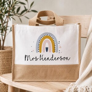 Personalised Teacher Bag, Teacher Gifts, Nursery Teacher Gift, Large Jute Bag, Thank You Gifts, TA Gift, School Leaver Gift, Graduation Gift No Pocket Half Front