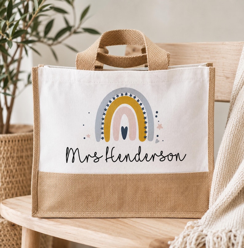 Personalised Teacher Bag, Teacher Gifts, Nursery Teacher Gift, Large Jute Bag, Thank You Gifts, TA Gift, School Leaver Gift, Graduation Gift No Pocket Half Front