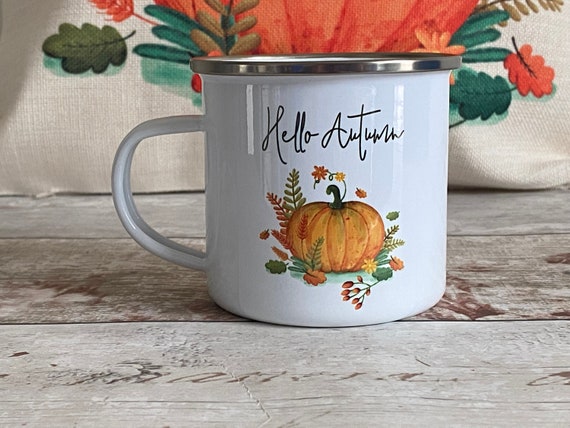 Hello Autumn Mug, Camping Mug, Pumpkin Gifts, Autumn Decor, Autumnal Message, Autumn Accessories, Gift For Her, Friend Camping Gifts, UK