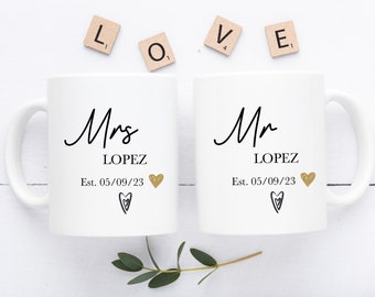 Personalised Mr and Mrs Mug Mugs, Newlyweds Couples Wedding Day Gifts, Newly Married Anniversary Gift, Wedding Gift Ideas, Couple Gifts