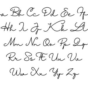 May include: A black and white graphic featuring the complete English alphabet in both uppercase and lowercase letters. Each letter is presented in a flowing, cursive script font, arranged in five horizontal rows against a plain white background.