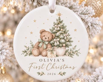 Personalised First Christmas Baby Bauble, Ceramic Keepsake Ornament (2026)