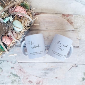 Gifts For Couple Mugs, Personalised Couple Engagement Gifts, She Said Yes, Couple Mugs, Engagement Present For Friends, Engaged Keepsake Set of Mugs White