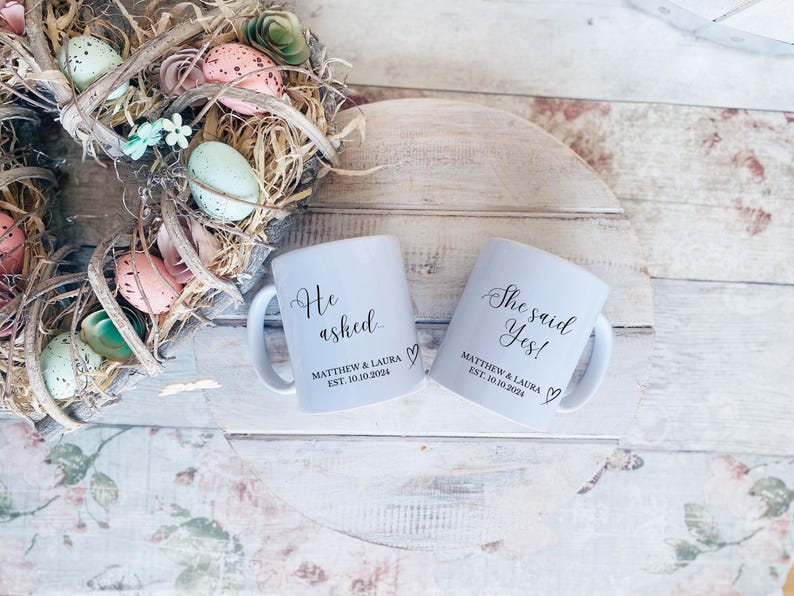 Gifts For Couple Mugs, Personalised Couple Engagement Gifts, She Said Yes, Couple Mugs, Engagement Present For Friends, Engaged Keepsake Set of Mugs White