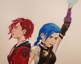 Arcane Jinx & Vi Original AquarellMalerei. A4 Fächer-Kunst