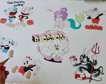 Edición limitada* de The Cuphead Show, diseños de tatuajes flash de 9 x 12 pulgadas