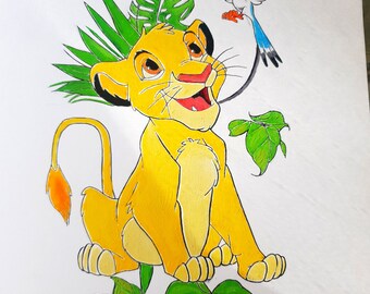 Diseño de tatuaje original de Simba, El Rey León. Pintura al óleo. Arte de fan, tamaño A4.