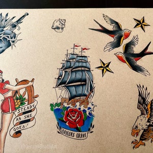 Traditional Maritime Tattoo Flash sheet Original Artwork Sailor Jerry inspired