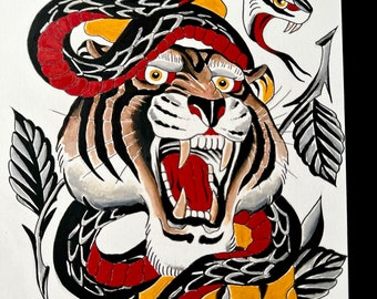 Traditionelles Tiger Flash Tattoo Design Original Kunstwerk