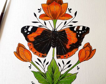 Red Admiral Butterfly Neo-traditional tattoo design. Original Oil Painting. A5