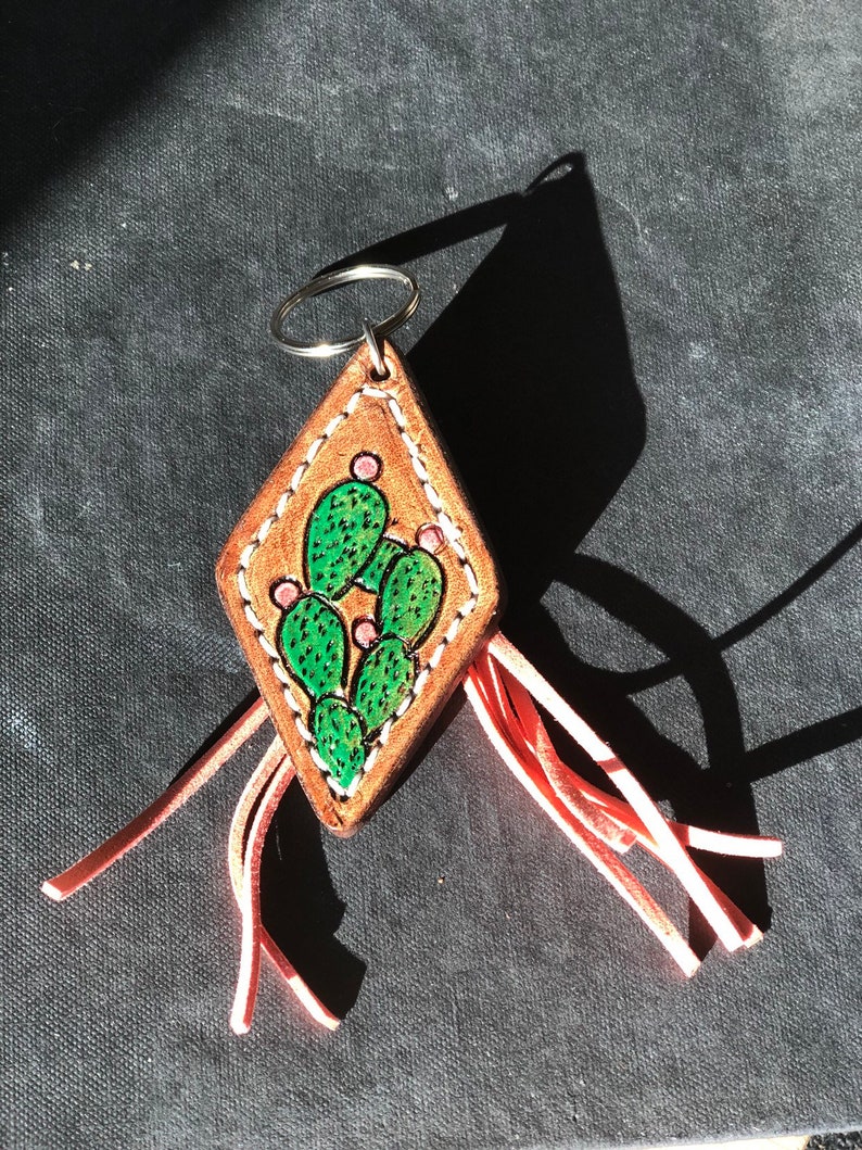 Birthday Gift Gifts for Her Gifts for Him Handmade Gifts under 15 Leather Keyring Cactus Diamond Keychain with Fringe