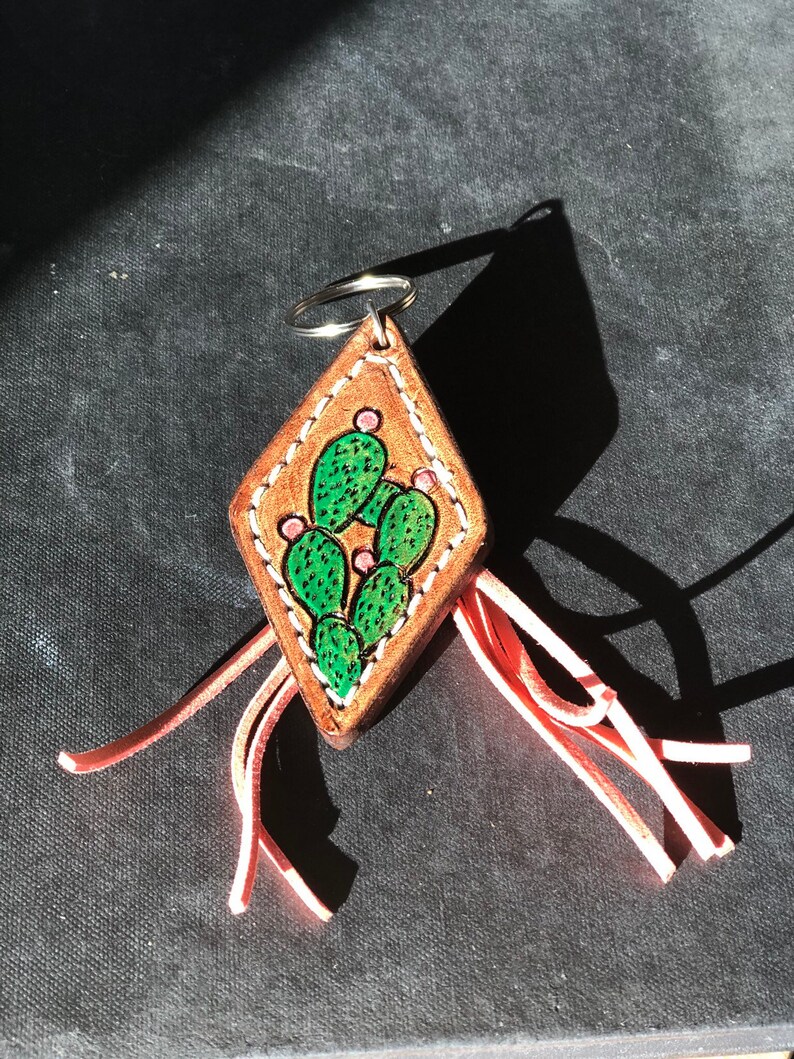 Birthday Gift Gifts for Her Gifts for Him Handmade Gifts under 15 Leather Keyring Cactus Diamond Keychain with Fringe