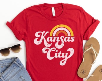 Kansas City Shirt for Women, KC Shirt, Kansas City Graphic Tee Shirt, Retro Rainbow Kansas City Pride T-shirt, Heart KC Shirt, Gift for Her