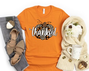 Leopard Pumpkin Shirt, Thankful Shirt, Cute Fall Shirts for Women, Thanksgiving Tees, Buffalo Plaid Pumpkin Tee, Animal Print Pumpkin Tshirt
