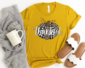 Leopard Pumpkin Shirt Women, Cute Fall Shirts for Women, Thankful Shirt, Thanksgiving TShirt Women, Buffalo Plaid Pumpkin Tee, Autumn Shirt