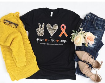 Camisa de esclerosis múltiple, camisa de conciencia ms para mujeres, paz amor cura MS camisa, camisetas de conciencia de esclerosis múltiple, camisetas de cinta naranja