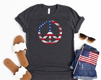 Maglietta con il simbolo della pace della bandiera americana, maglietta da donna per il 4 luglio, maglietta carina per il 4 luglio, maglietta del 4 luglio, maglietta USA, maglietta con la bandiera americana, Merica