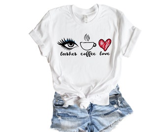 Eyelash Shirts, Womens Mascara Tee, Coffee T-Shirt, Cute Womens Graphic Tee, Cosmetology Shirt, Lashes Coffee Love, Gift for Makeup Artist